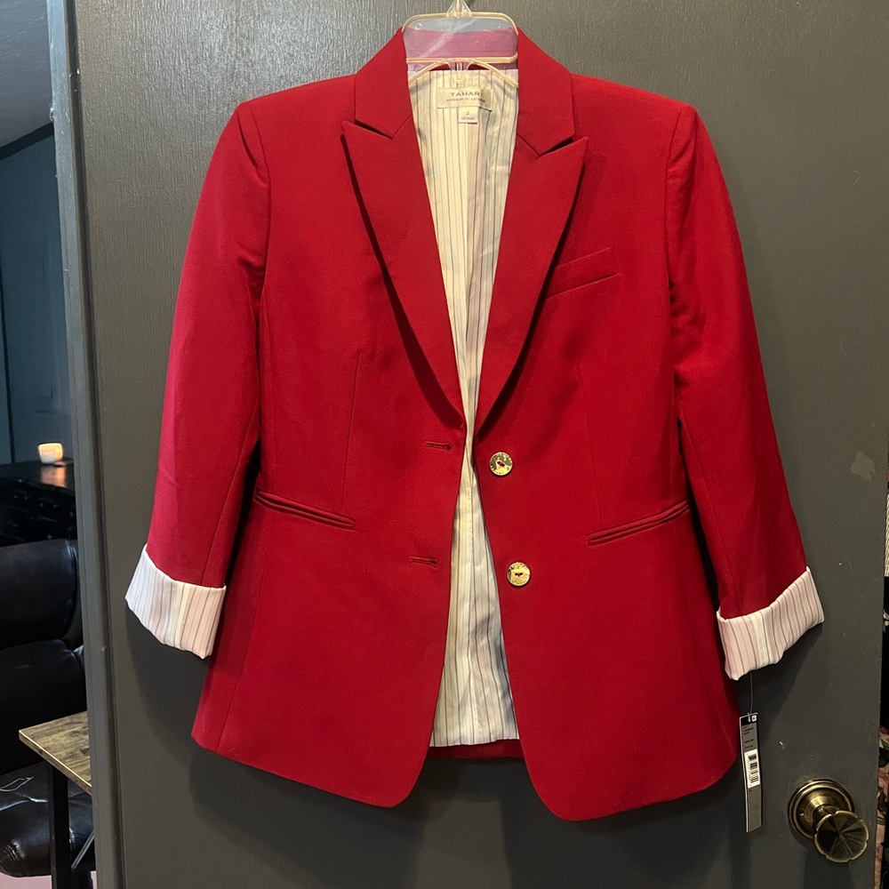 Tahari Red Blazer with Contrast Cuff Lining